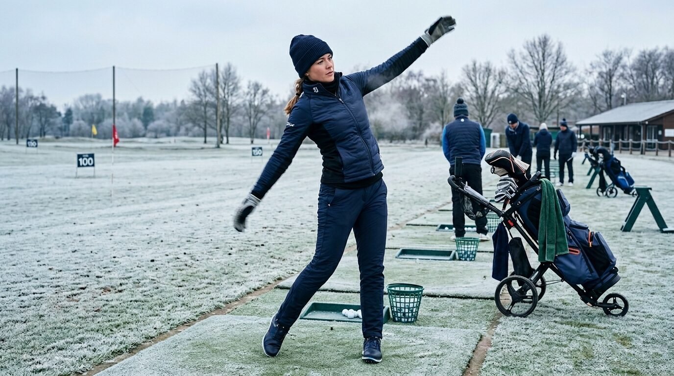 Female golfer in navy jacket and beanie swinging a club at an icy outdoor driving range.