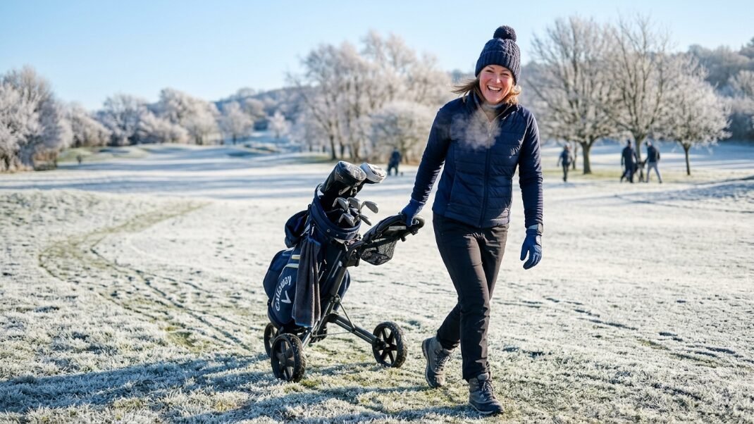 A woman in winter gear walks across a frozen, frosty golf course while pulling a golf bag on a cart.
