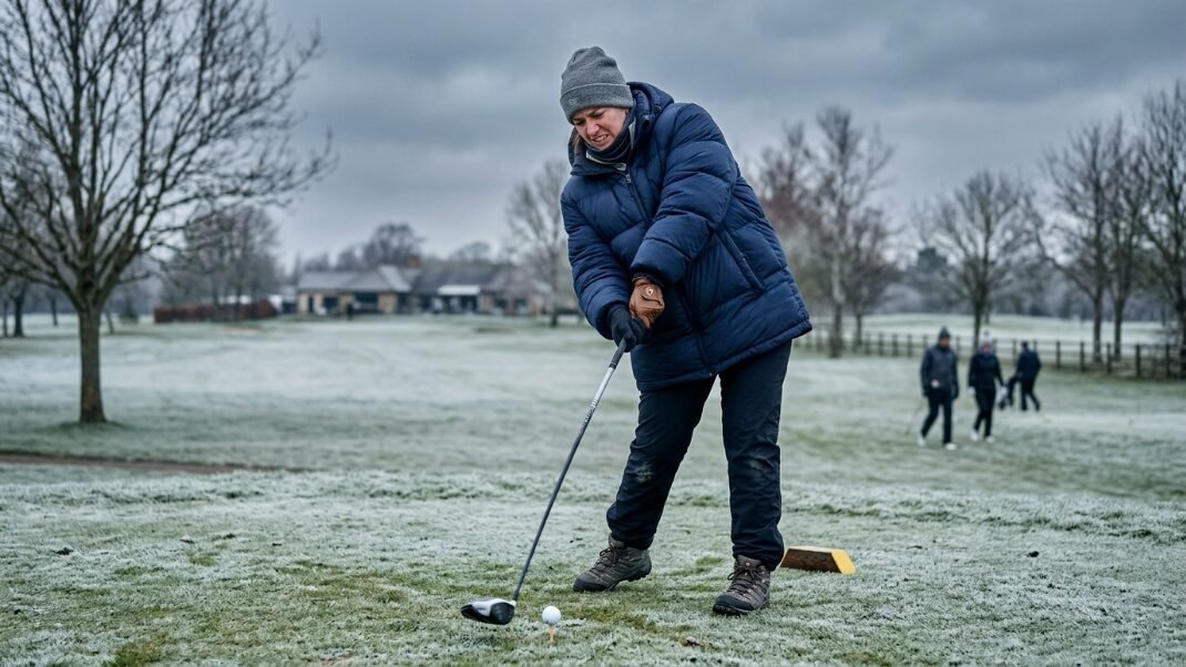 Golfer in a blue puffy jacket and beanie swings her driver on a cold, frosty fairway.