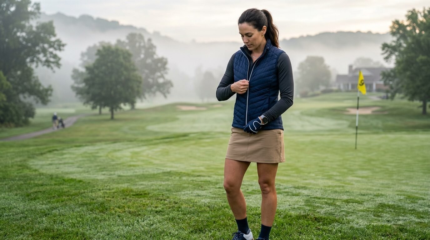 A woman wearing a quilted navy vest and tan skirt prepares for a game on a misty, dew-covered golf green.
