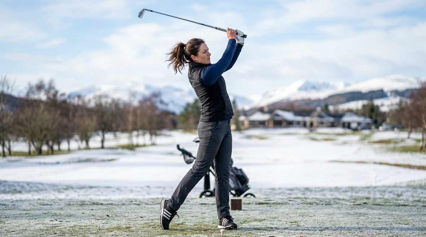 A woman in a black vest and dark trousers swinging a golf club on a frost-covered golf course.