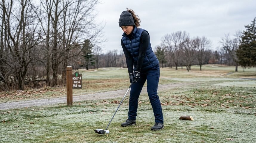 A woman in a navy vest and beanie stands on a frosted golf course aiming at a ball on a tee.