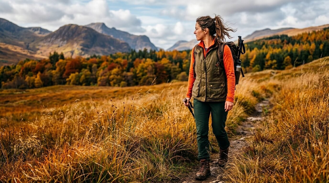 Female hiker wearing an orange sweater and olive vest walking on a path in the Scottish Highlands during autumn.
