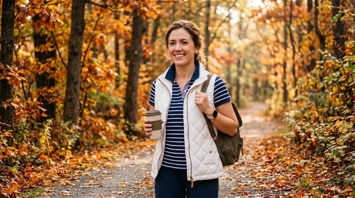 A smiling woman wearing a white quilted vest carries a coffee cup and backpack on an autumn park path.