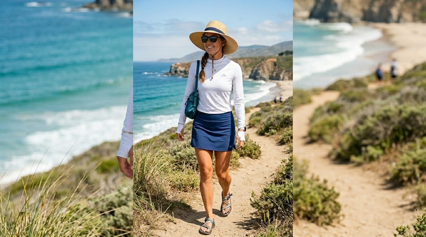 A woman wearing a sun hat and athletic gear walking on a scenic dirt cliffside trail by the ocean.