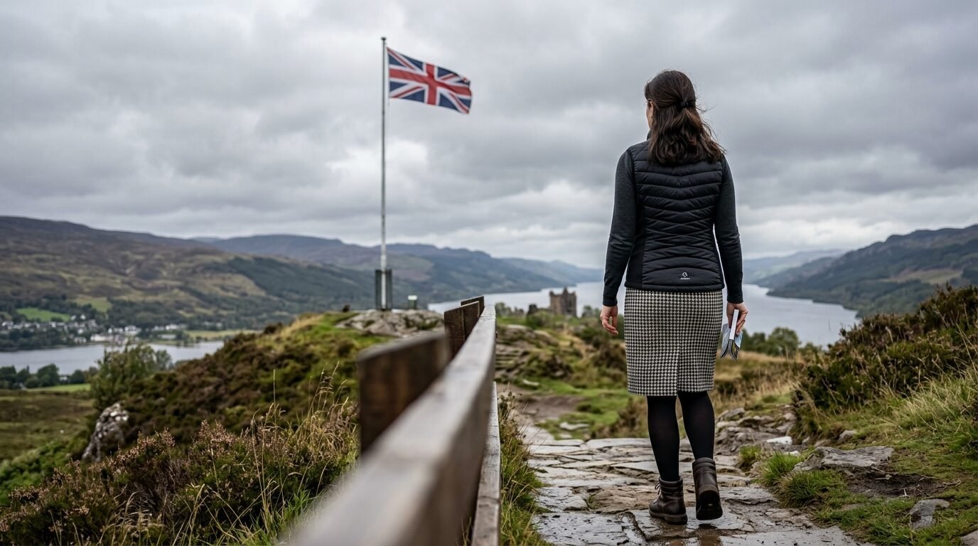 A hiker with a backpack and skirt walking on a stone path near a waving British flag in the Scottish Highlands.
