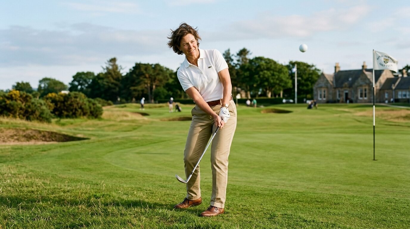 Female golfer in a white polo and tan pants swings a club with a ball flying toward the flag.