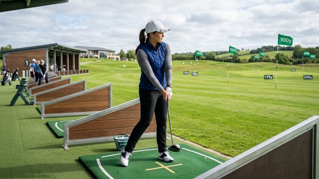 Female golfer wearing a blue vest prepares to hit a ball on a green artificial turf mat at a golf practice facility.