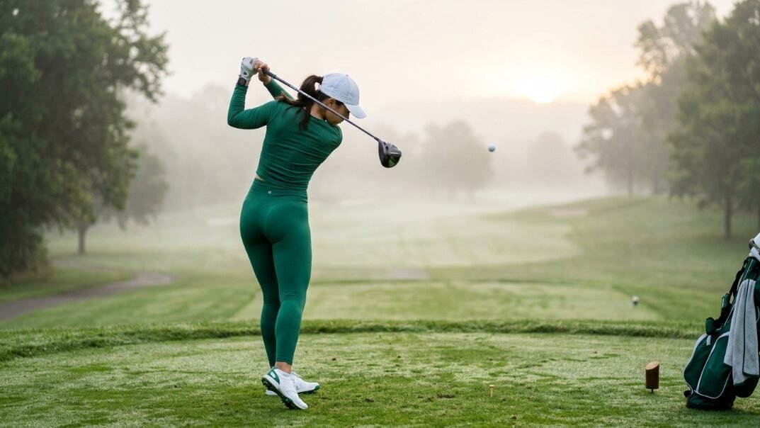 A golfer in a green athletic outfit hits a golf ball on a foggy course at sunrise.