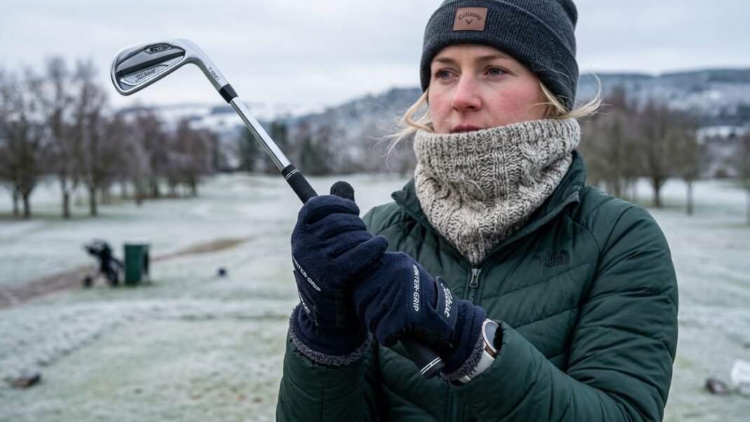 Close up of a woman in a beanie and scarf holding a Titleist iron while playing on a frost-covered golf course.