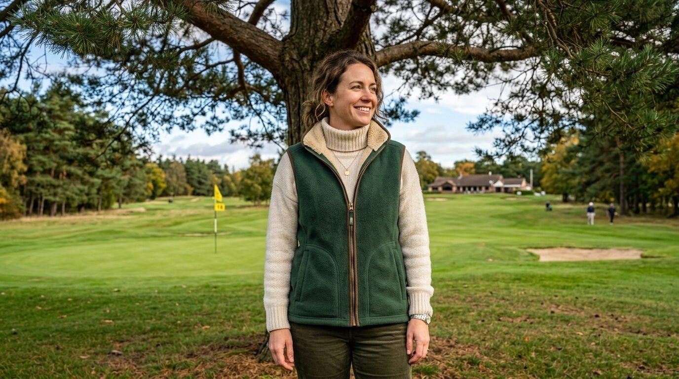 A woman stands smiling on a golf course wearing a beige turtleneck and green fleece vest under a pine tree.