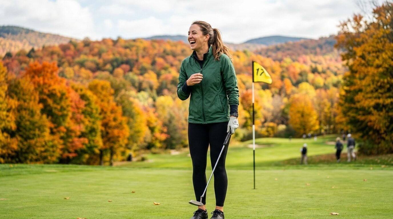 A happy woman in a green jacket holds a putter on a golf course with fall trees in the background.
