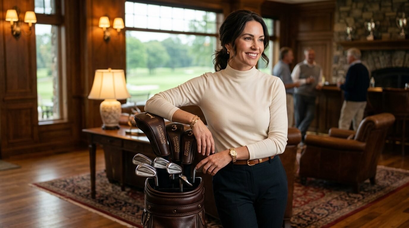 A woman stands in a luxury clubhouse lounge leaning on a leather bag filled with various golf clubs.