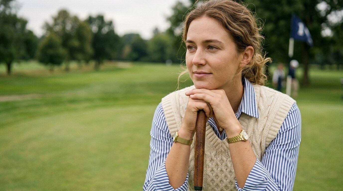 Young woman wearing a striped shirt and knit vest posing on a lush green golf course.