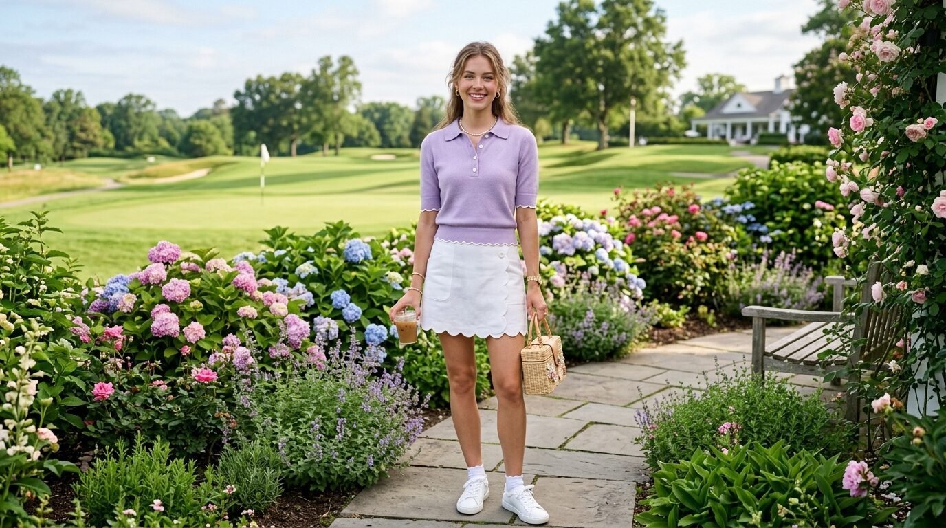 Young woman in a scalloped white skirt and purple polo shirt posing with an iced coffee near a floral garden.
