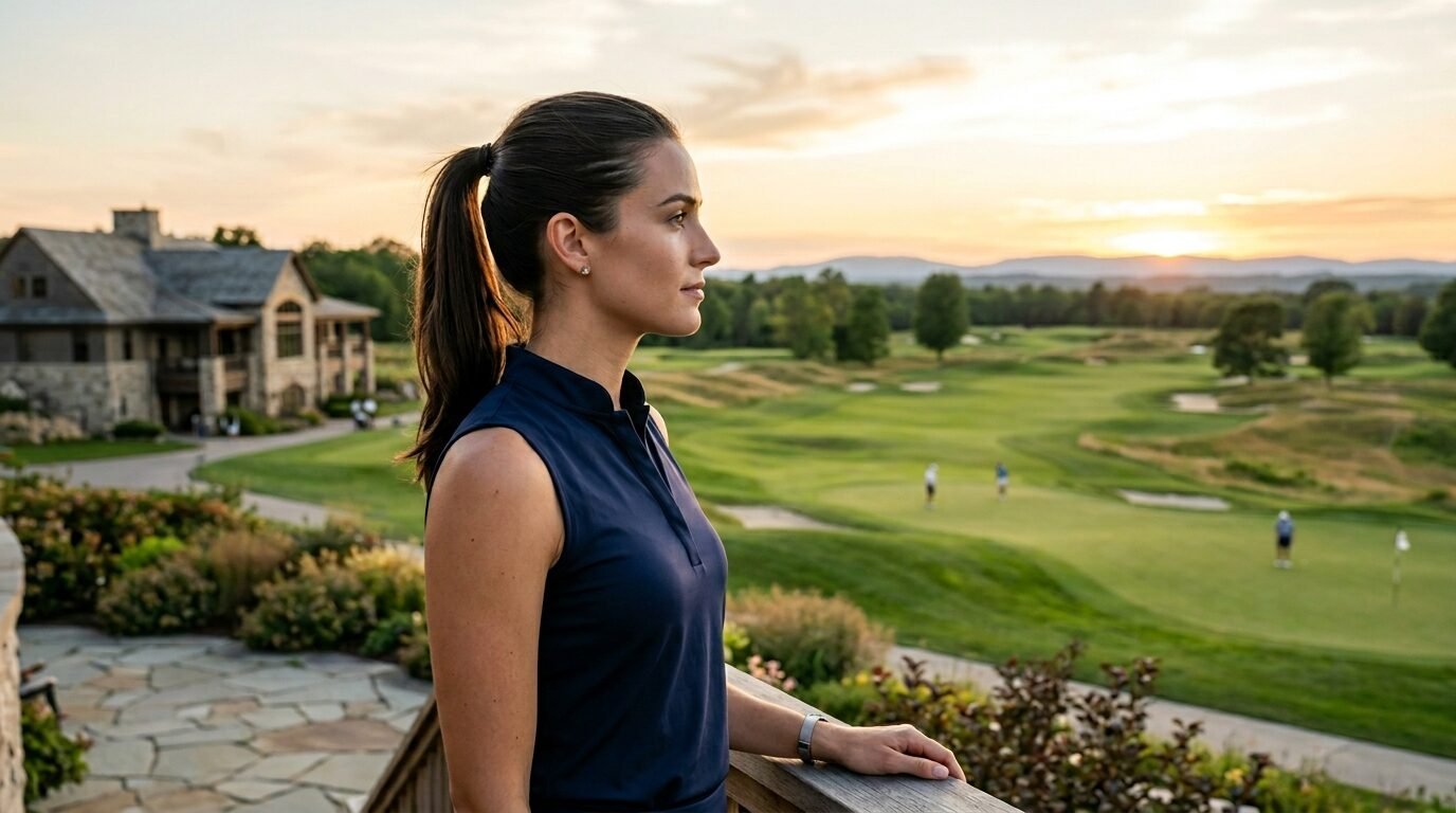 Young woman in a sleeveless top looks out over a green golf course during a golden hour sunset.