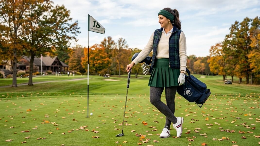 A woman in a green pleated skirt and tartan vest holding a putter on an autumn golf course.