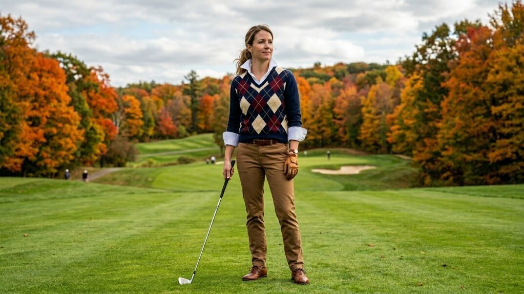 Golfer in argyle sweater and brown pants holding a club on a vibrant fall foliage golf course.