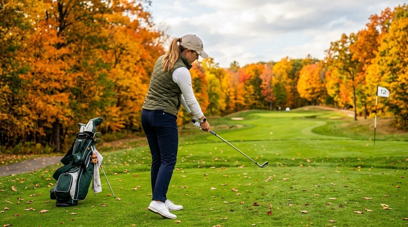 A woman in a vest and cap takes a golf swing on a green fairway surrounded by colorful autumn trees.