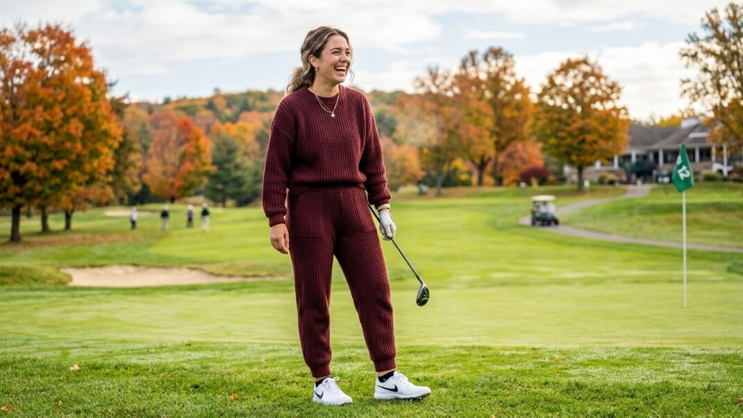 A smiling woman in a maroon knit sweater and pants stands on a lush green golf course during autumn.