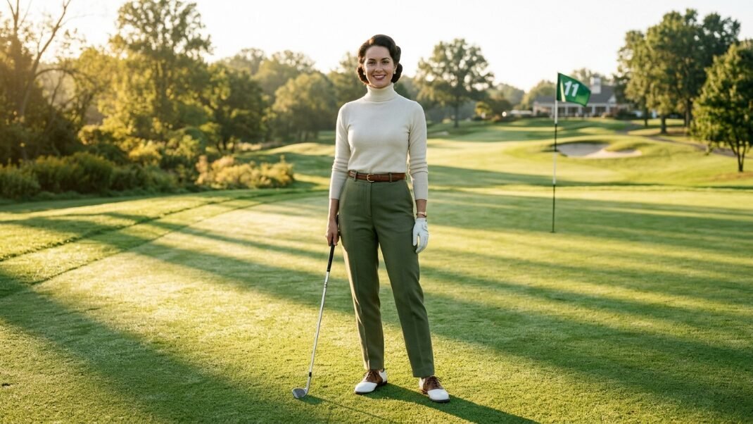 A smiling woman in a cream turtleneck and olive trousers holding a golf club on a bright, scenic golf course.