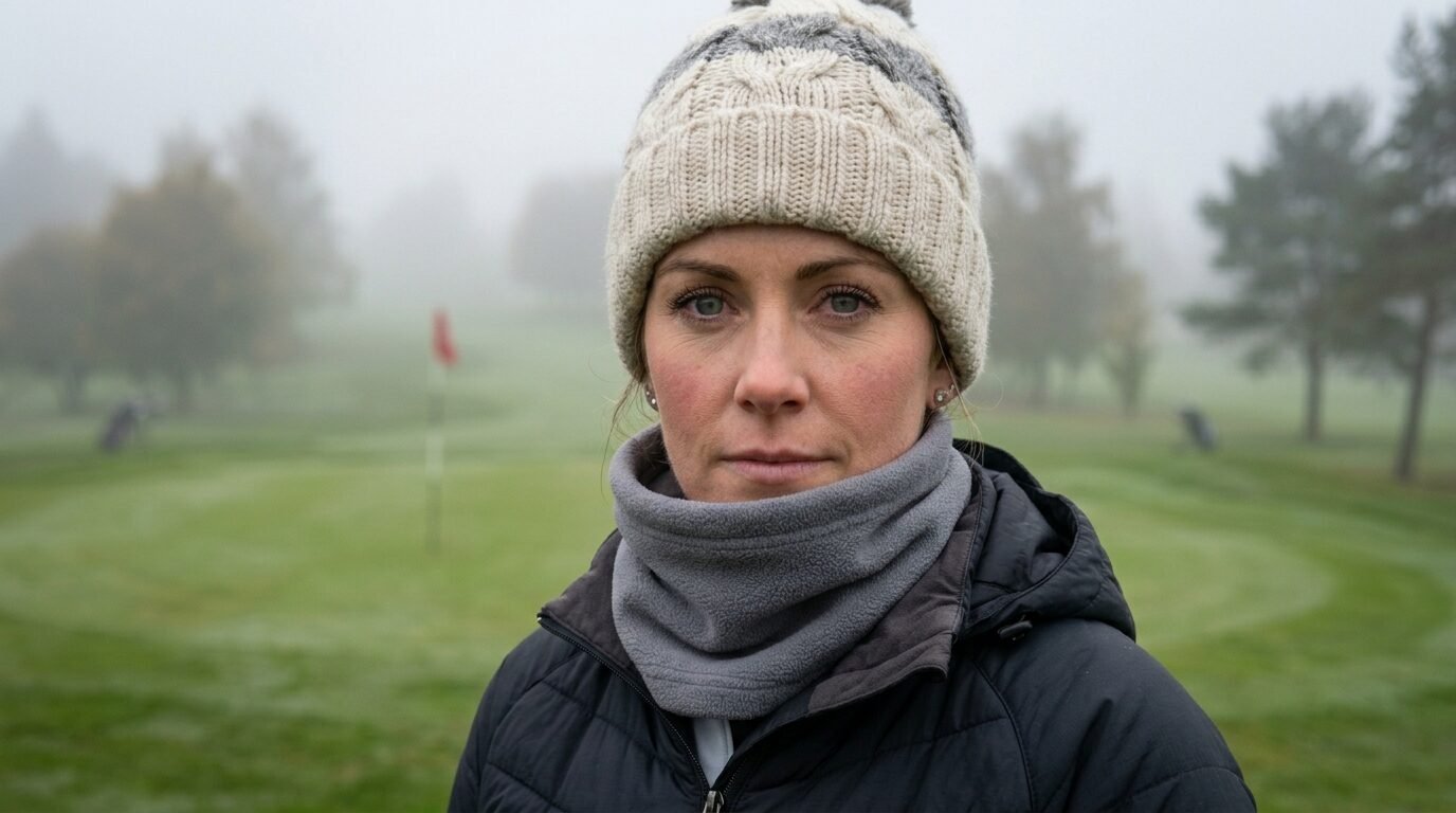 Close-up of a woman in a winter beanie and neck warmer standing on a foggy green golf course.