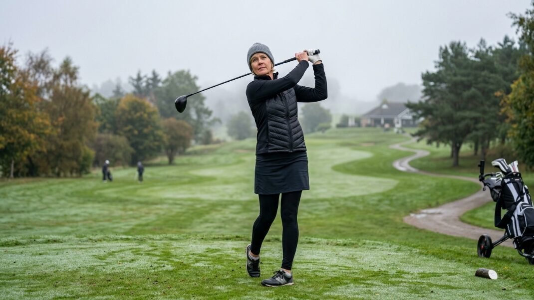 Female golfer in a beanie and black athletic wear taking a golf swing on a misty, dew-covered course.