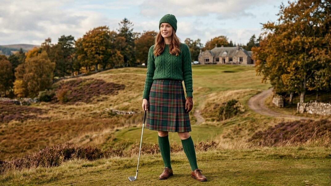 Female golfer wearing a cable knit sweater, tartan kilt, and beanie standing on a hillside overlooking a stone clubhouse.