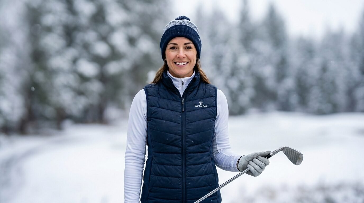 A woman golfer smiling while holding a club on a snow-covered course.