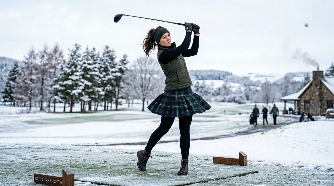A woman in a green vest and plaid skirt swings a golf club on a snow-covered fairway.