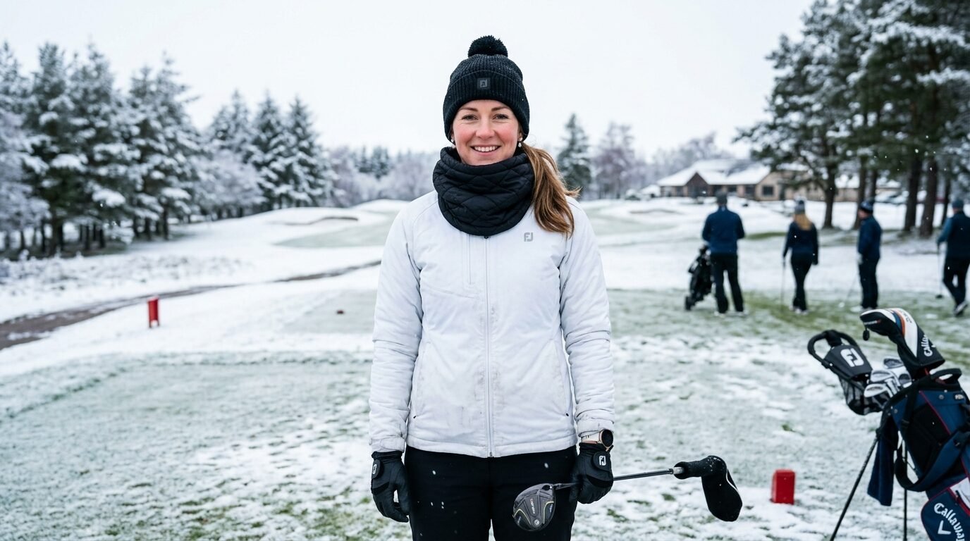 A smiling woman wearing a beanie and white jacket holds a golf club on a snow-covered golf course.