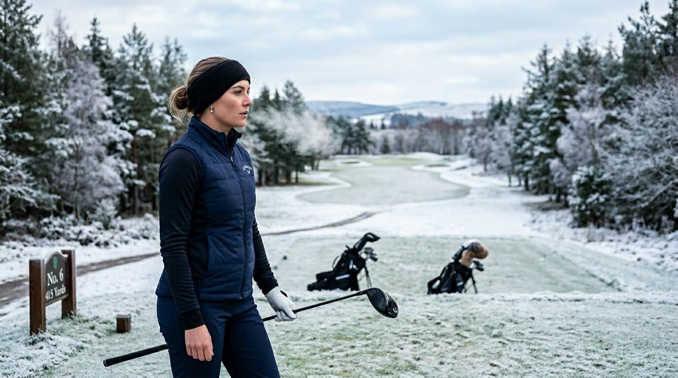 Female golfer in a vest holding a club on a cold, snowy golf course fairway.