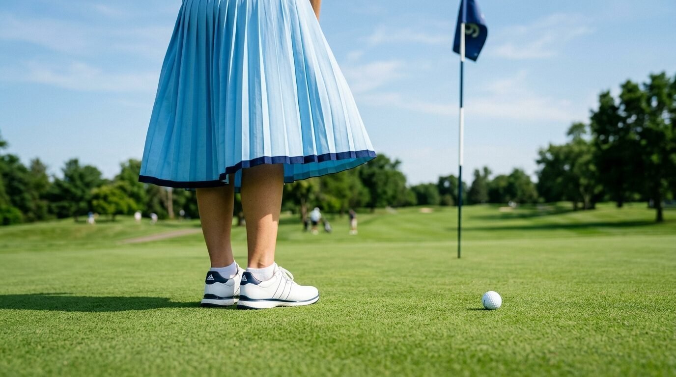 Close up of a female golfer in athletic shoes and a skirt preparing to putt on a sunny day.