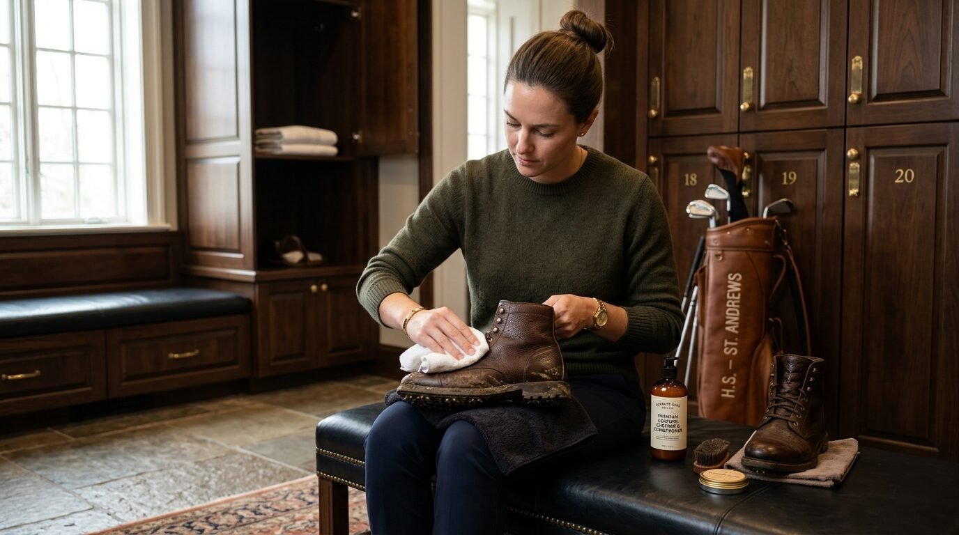 A person cleaning a muddy leather boot with a white cloth while sitting on a leather bench.