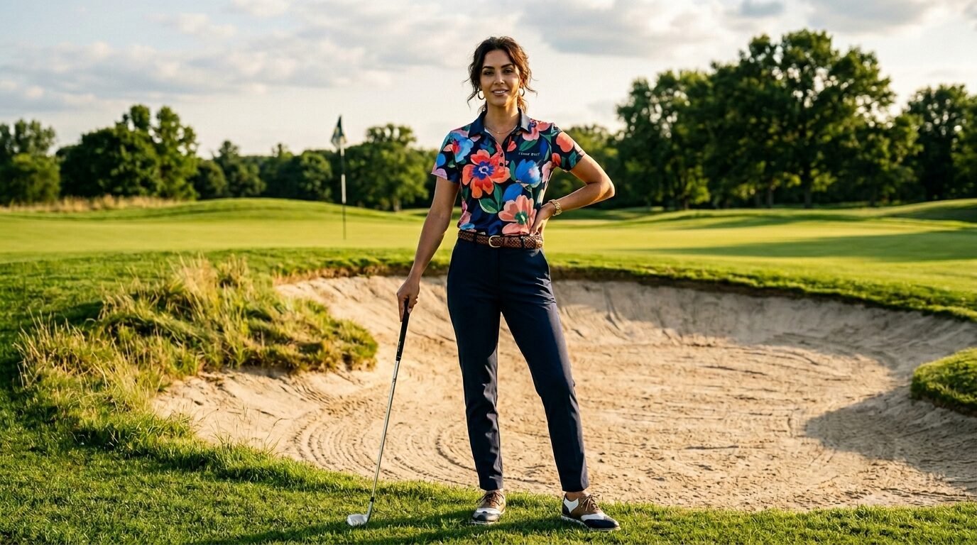 Smiling woman in a floral golf shirt holding a club while standing on a grassy edge next to a sand hazard.