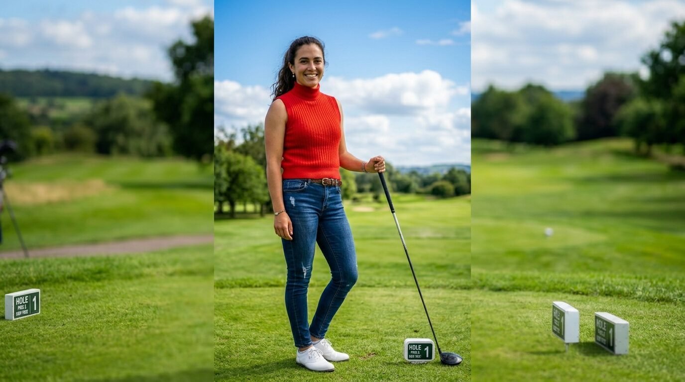 Golfer wearing a sleeveless red shirt and blue jeans holding a club on the first tee box.