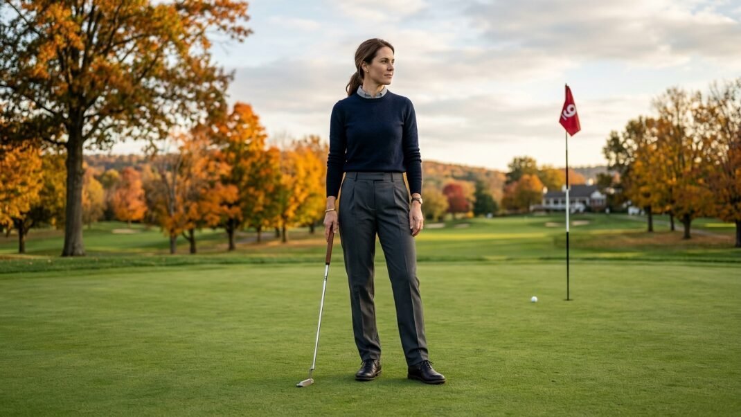 Golfer in a dark sweater and grey trousers holding a putter on a course with fall foliage in the background.