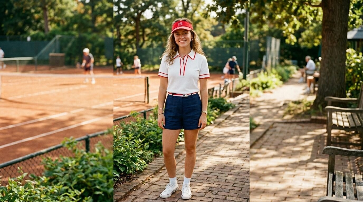 Smiling woman wearing a red visor, white polo shirt, and navy shorts standing on a brick path by a clay tennis court.