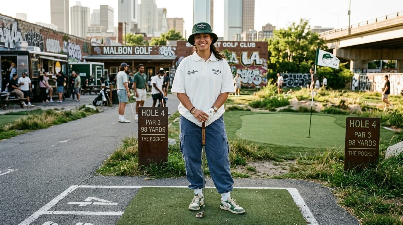 Young woman in a bucket hat and polo shirt standing on a green at an outdoor city golf club.