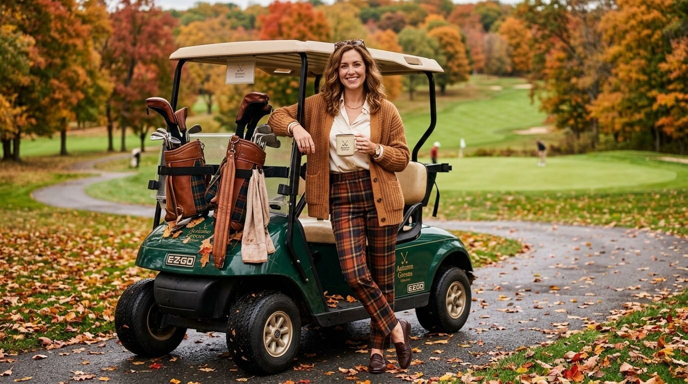 A woman in a cardigan and plaid trousers stands by a golf cart on a course covered in fall leaves.