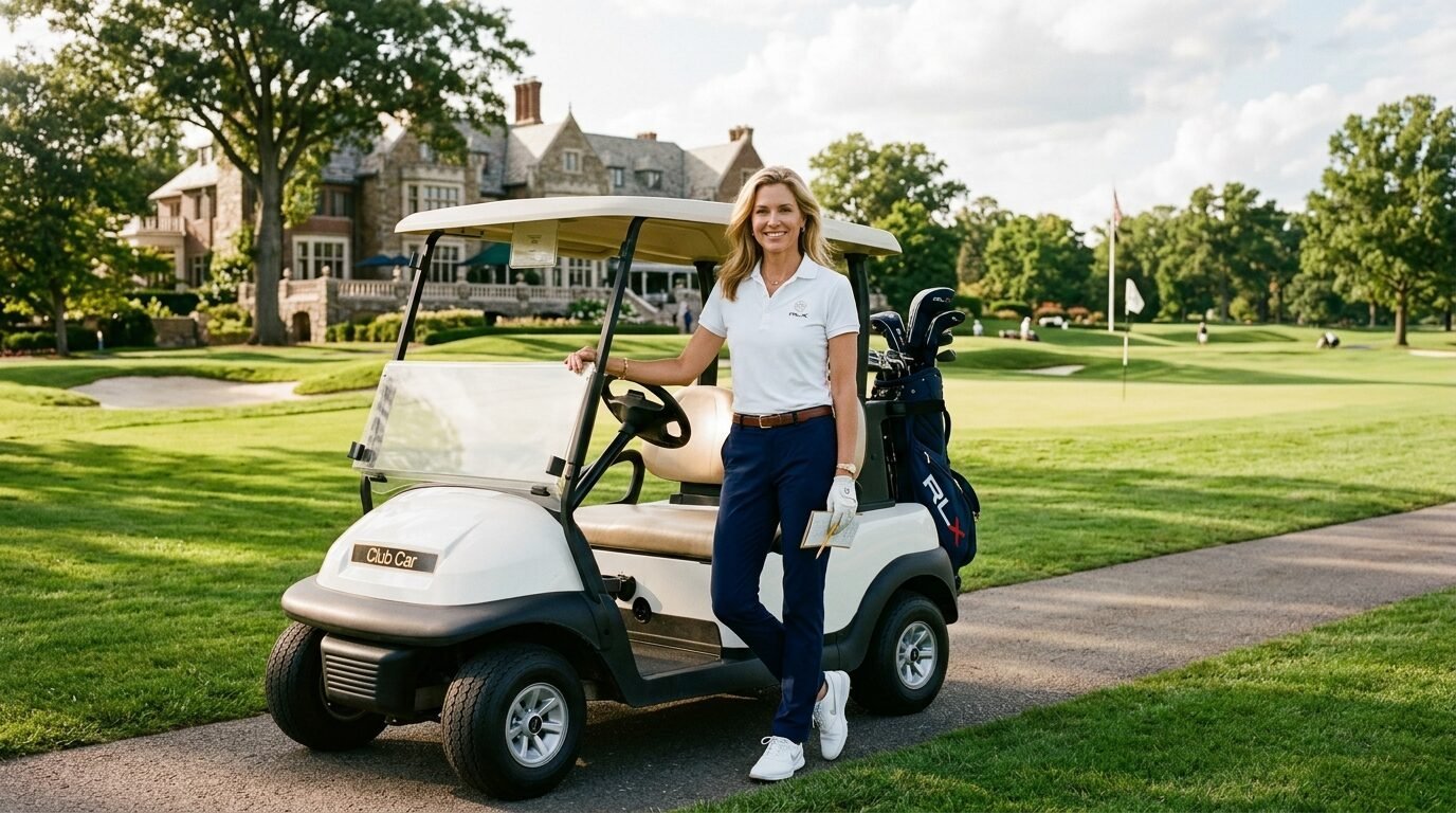 A blonde woman in golf attire stands beside a white Club Car golf cart in front of a stone country club building.