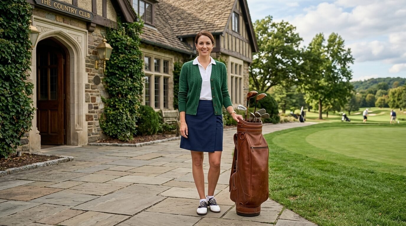 Golfer in a green cardigan and navy skirt poses beside a vintage brown leather golf bag on a stone patio.