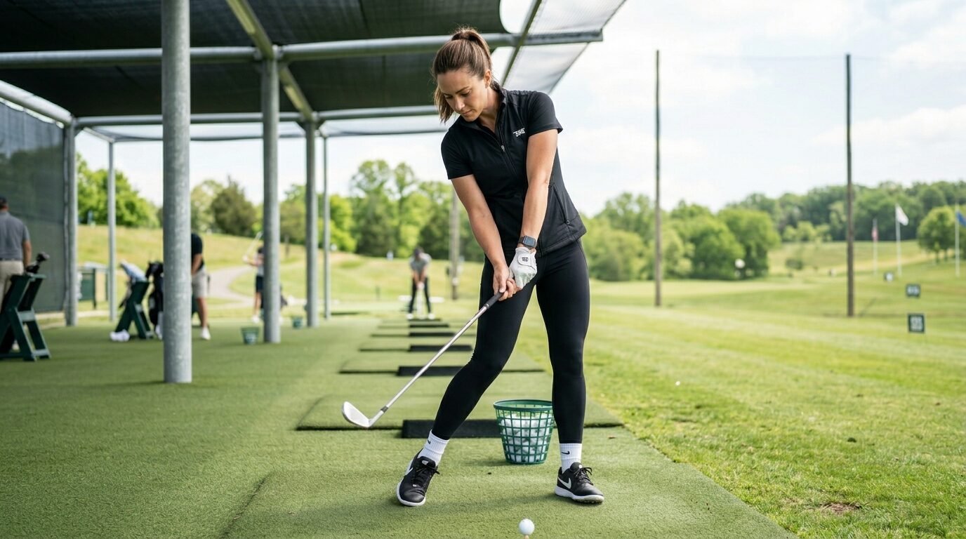 A female golfer in black athletic wear swinging a club at an outdoor driving range facility.
