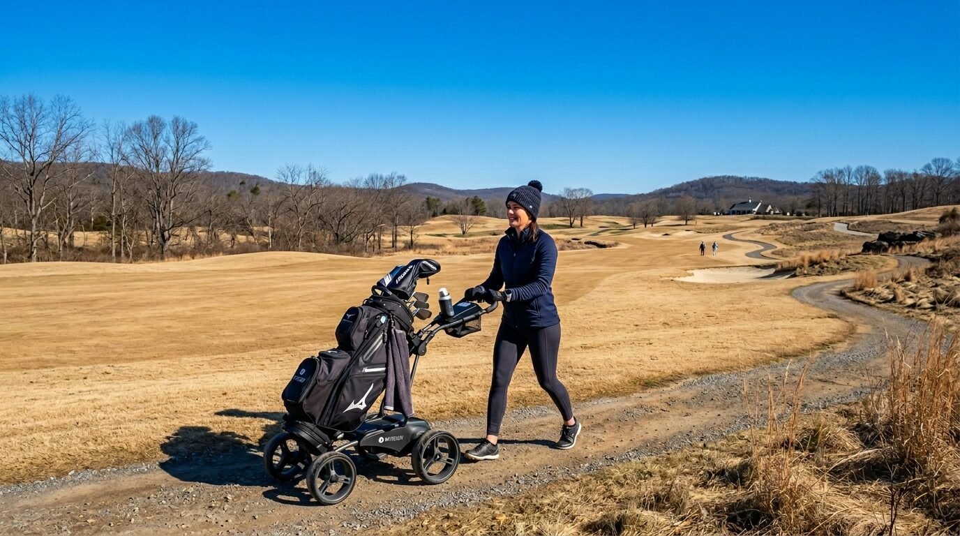 Female golfer pushing a black cart with clubs on a dry, grassy course under a clear blue sky.