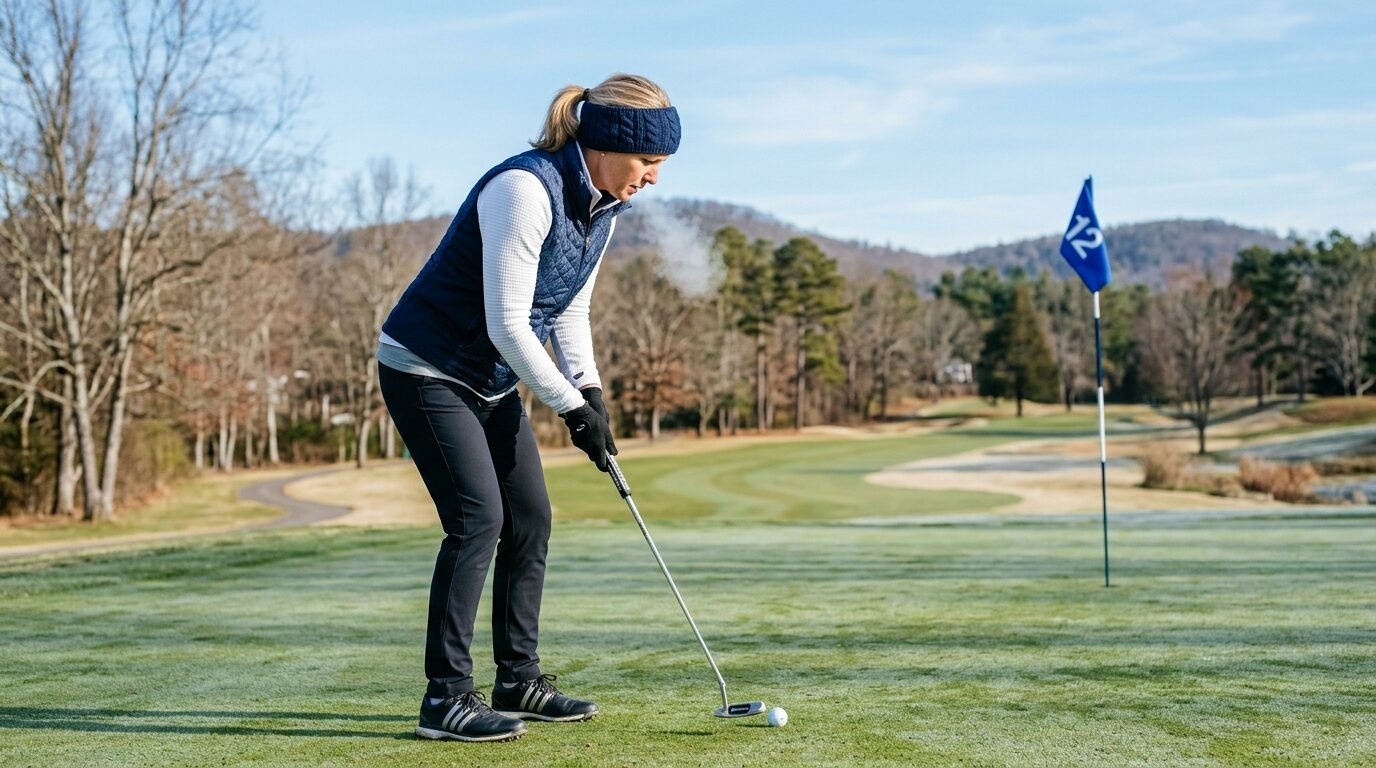 A woman in a vest and headband exhales visible breath while putting on a cold, frost-covered golf course.