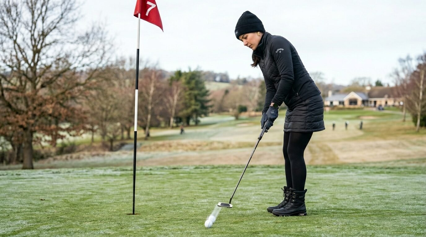 Golfer in a black beanie and jacket putting on a frosty green near a flagstick.