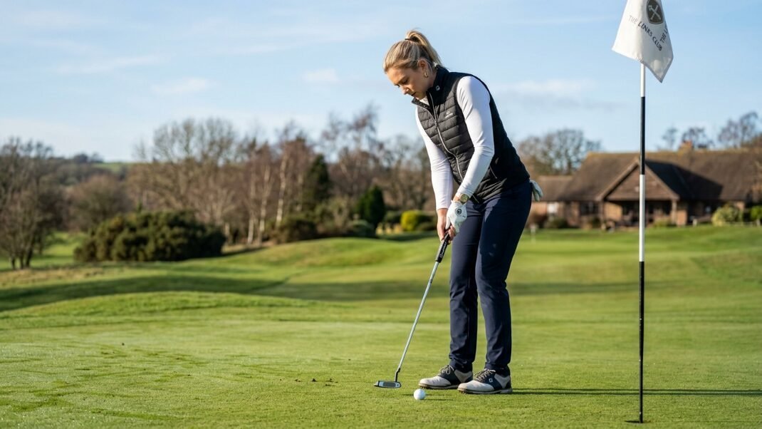 Blonde woman in a black vest focuses on hitting a golf ball with her putter on the putting green.