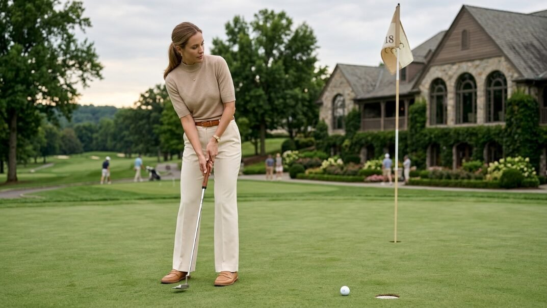 A woman in neutral colored golf attire holding a putter on a green near an eighteenth hole flag.
