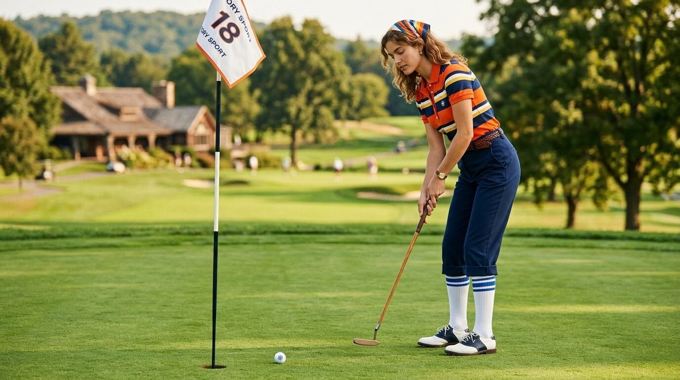 A woman in retro striped golf attire prepares to hit a golf ball on a green with hole 18 flag.