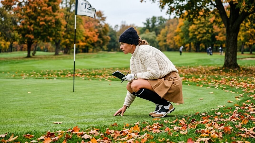 A woman in a knit sweater and beanie crouching on a green to read her putt during an autumn round.